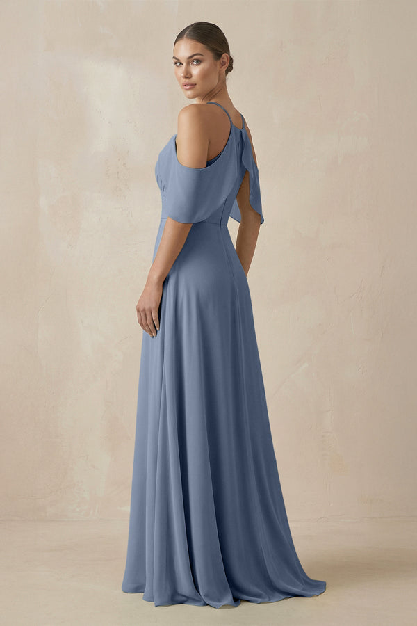 Chiffon A - Line Long Bridesmaid Dress in Neptune - SHE IS ME Bridesmaid Dresses