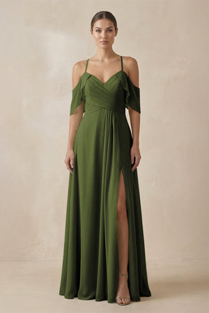 Chiffon A - Line Long Bridesmaid Dress in Olive - SHE IS ME Bridesmaid Dresses