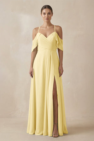 Chiffon A - Line Long Bridesmaid Dress in Pastel Yellow - SHE IS ME Bridesmaid Dresses