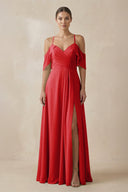 Chiffon A - Line Long Bridesmaid Dress in Ruby Red - SHE IS ME Bridesmaid Dresses