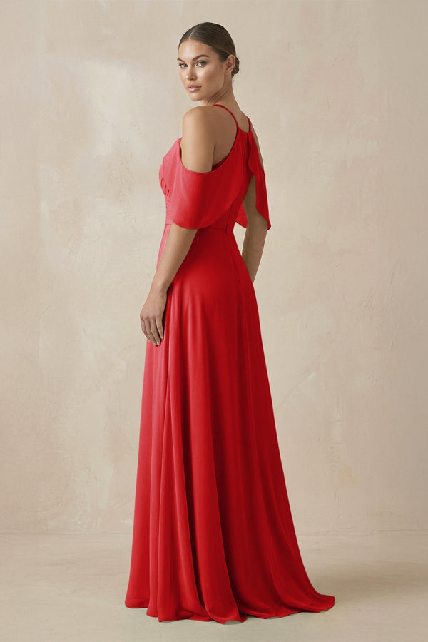 Chiffon A - Line Long Bridesmaid Dress in Ruby Red - SHE IS ME Bridesmaid Dresses