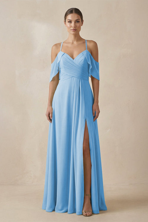 Chiffon A - Line Long Bridesmaid Dress in Steel Blue - SHE IS ME Bridesmaid Dresses
