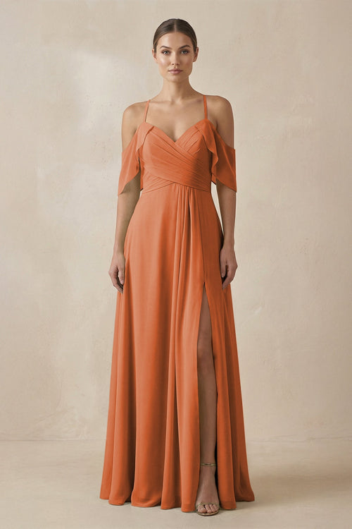 Chiffon A - Line Long Bridesmaid Dress in Terracotta - SHE IS ME Bridesmaid Dresses