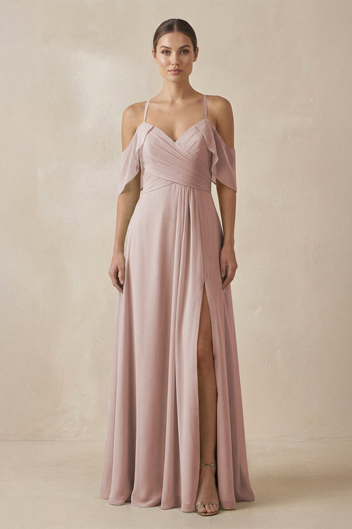 Chiffon A - Line Long Bridesmaid Dress in Toffee - SHE IS ME Bridesmaid Dresses