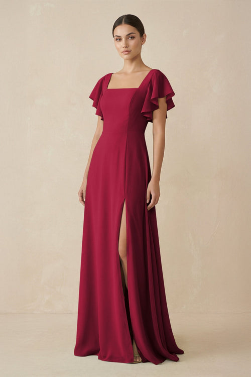 Chiffon A - Line Long Bridesmaid Dress with Flutter Sleeves in Berry - SHE IS ME Bridesmaid Dresses
