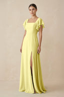 Chiffon A - Line Long Bridesmaid Dress with Flutter Sleeves in Buttercup - SHE IS ME Bridesmaid Dresses