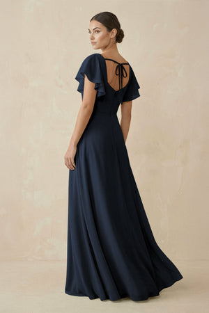 Chiffon A - Line Long Bridesmaid Dress with Flutter Sleeves in Dark Navy - SHE IS ME Bridesmaid Dresses