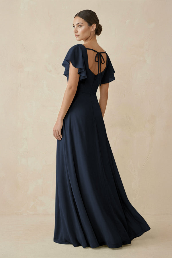 Chiffon A - Line Long Bridesmaid Dress with Flutter Sleeves in Dark Navy - SHE IS ME Bridesmaid Dresses