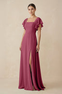 Chiffon A - Line Long Bridesmaid Dress with Flutter Sleeves in Desert Rose - SHE IS ME Bridesmaid Dresses