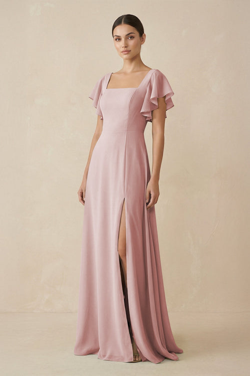 Chiffon A - Line Long Bridesmaid Dress with Flutter Sleeves in Dusty Rose - SHE IS ME Bridesmaid Dresses