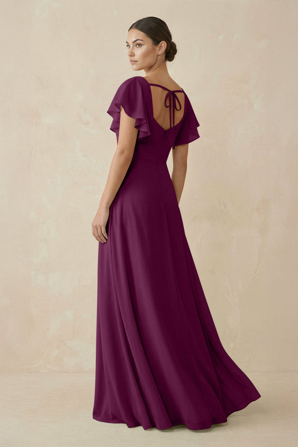 Chiffon A - Line Long Bridesmaid Dress with Flutter Sleeves in Fig - SHE IS ME Bridesmaid Dresses