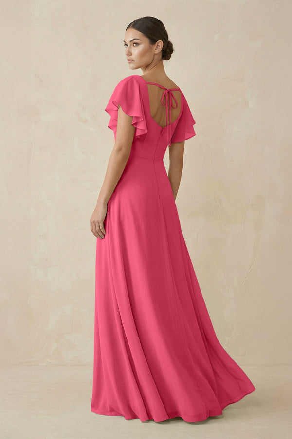 Chiffon A - Line Long Bridesmaid Dress with Flutter Sleeves in Fuchsia - SHE IS ME Bridesmaid Dresses