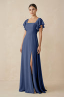 Chiffon A - Line Long Bridesmaid Dress with Flutter Sleeves in Navy - SHE IS ME Bridesmaid Dresses