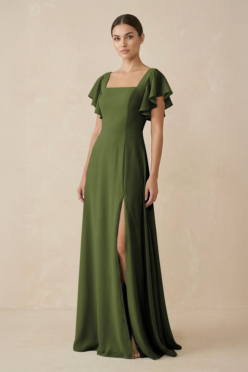 Chiffon A - Line Long Bridesmaid Dress with Flutter Sleeves in Olive - SHE IS ME Bridesmaid Dresses