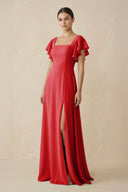 Chiffon A - Line Long Bridesmaid Dress with Flutter Sleeves in Ruby Red - SHE IS ME Bridesmaid Dresses