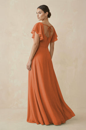 Chiffon A - Line Long Bridesmaid Dress with Flutter Sleeves in Terracotta - SHE IS ME Bridesmaid Dresses