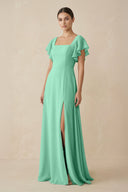 Chiffon A - Line Long Bridesmaid Dress with Flutter Sleeves in Turquoise - SHE IS ME Bridesmaid Dresses