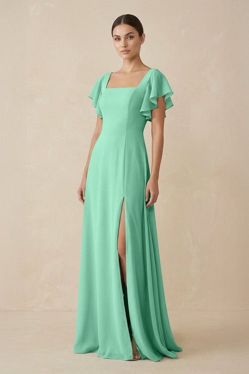 Chiffon A - Line Long Bridesmaid Dress with Flutter Sleeves in Turquoise - SHE IS ME Bridesmaid Dresses
