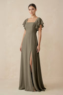 Chiffon A - Line Long Bridesmaid Dress with Flutter Sleeves in Willow Green - SHE IS ME Bridesmaid Dresses