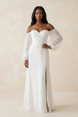Chiffon A - Line Off - the - Shoulder Wedding Dress With Slit in White - SHE IS ME Wedding Dresses