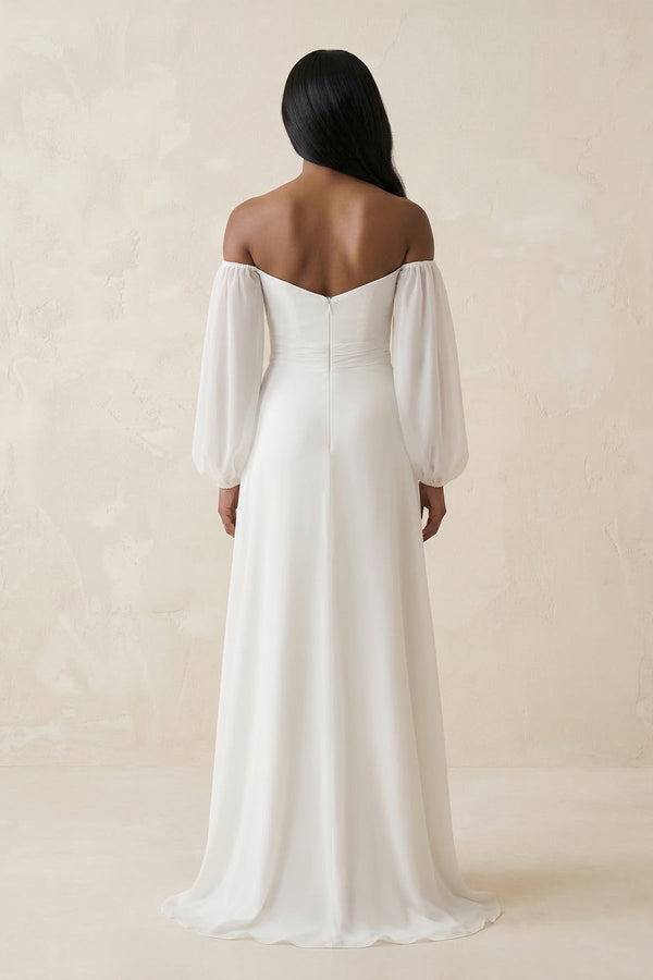 Chiffon A - Line Off - the - Shoulder Wedding Dress With Slit in White - SHE IS ME Wedding Dresses