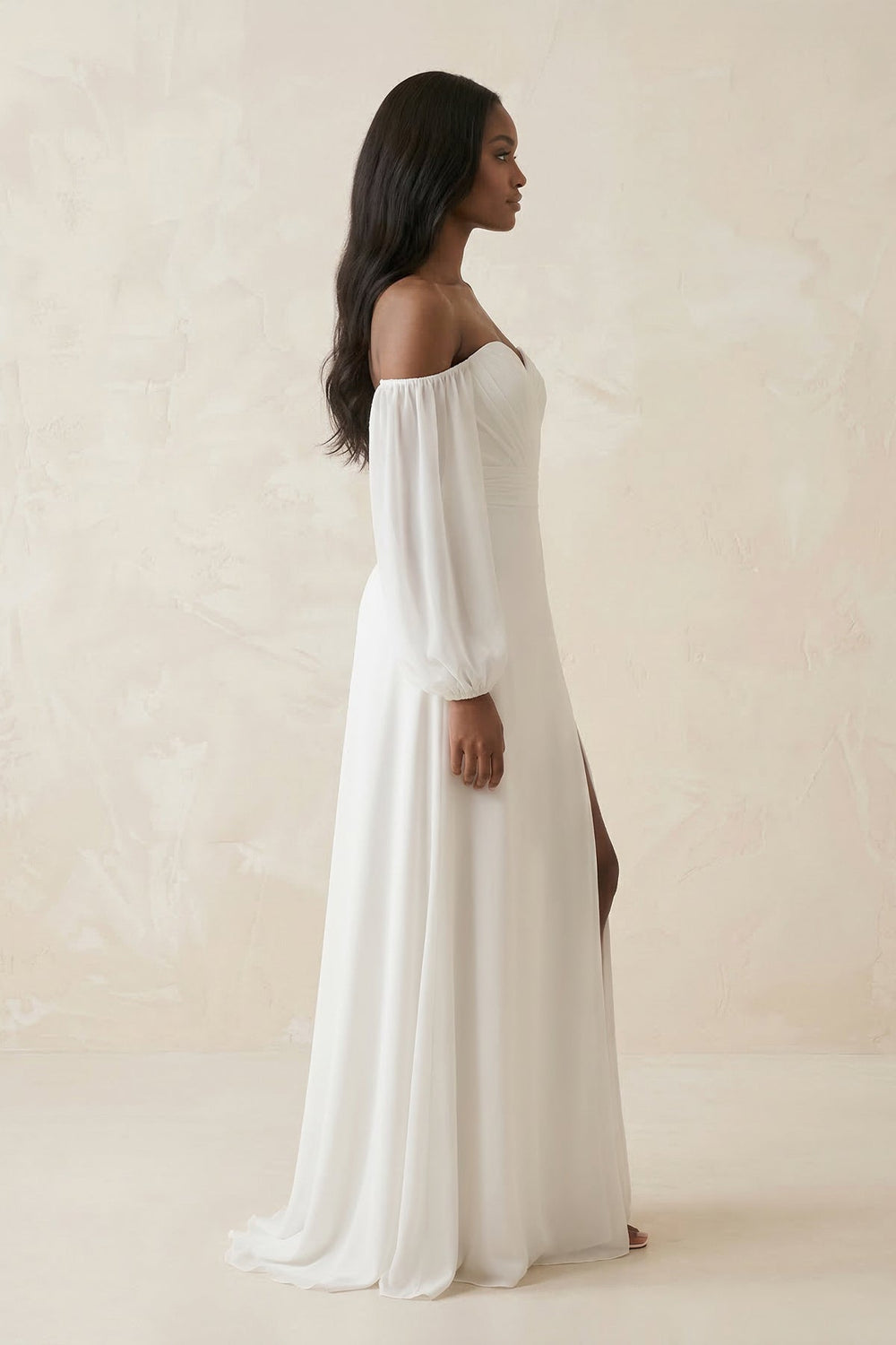 Chiffon A - Line Off - the - Shoulder Wedding Dress With Slit in White - SHE IS ME Wedding Dresses