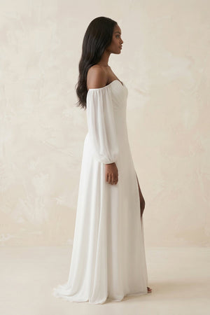 Chiffon A - Line Off - the - Shoulder Wedding Dress With Slit in White - SHE IS ME Wedding Dresses