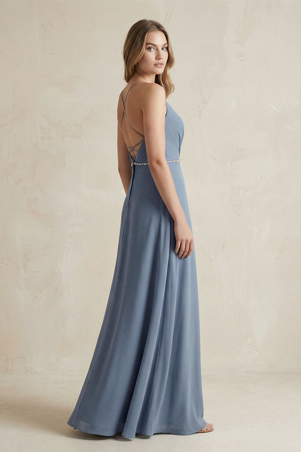 Chiffon A - Line Ruched Cami Strap Bridesmaid Dress in Neptune - SHE IS ME Bridesmaid Dresses