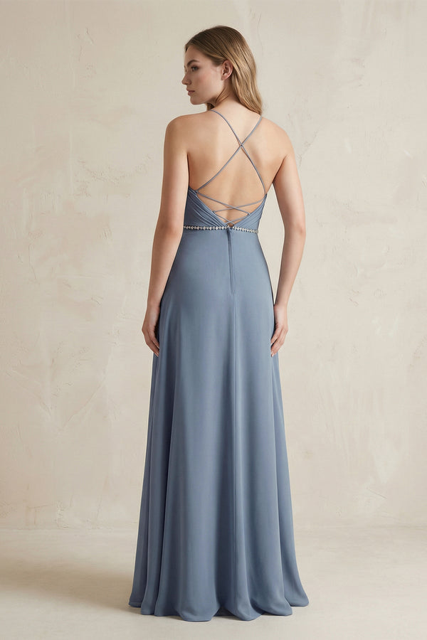Chiffon A - Line Ruched Cami Strap Bridesmaid Dress in Neptune - SHE IS ME Bridesmaid Dresses