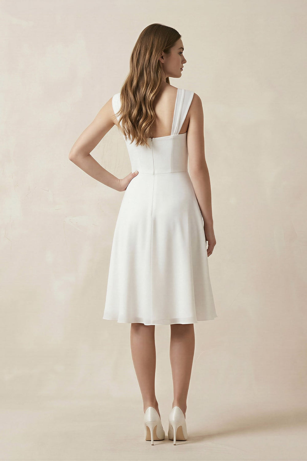 Chiffon A - Line Sweetheart Midi Wedding Dress in White - SHE IS ME Wedding Dresses