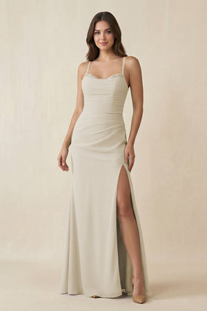 Cami Strap Sheath Chiffon Bridesmaid Dress with Slit in Dove Gray