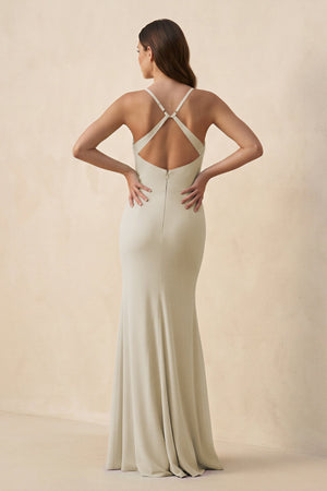 Cami Strap Sheath Chiffon Bridesmaid Dress with Slit in Dove Gray