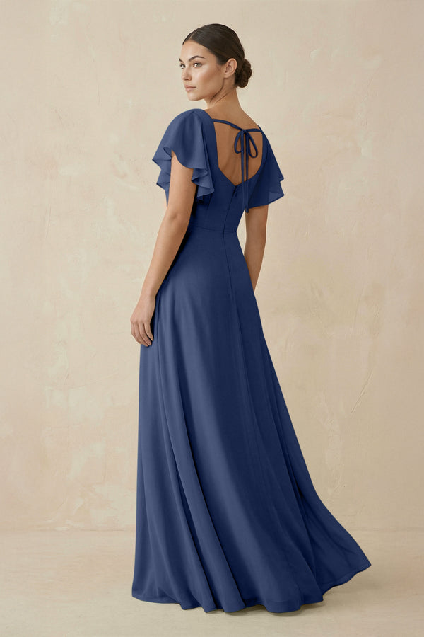Chiffon A-Line Long Bridesmaid Dress with Flutter Sleeves in Navy