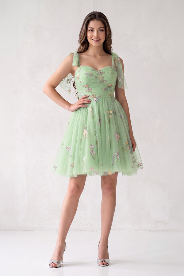 Green A Line Sweetheart Tulle Floral Short Homecoming Dress - SHEISME