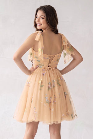 Champagne A Line Sweetheart Tulle Floral Short Homecoming Dress - SHEISME