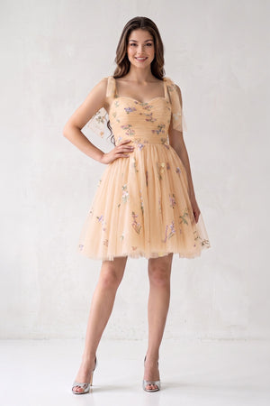 Champagne A Line Sweetheart Tulle Floral Short Homecoming Dress - SHEISME