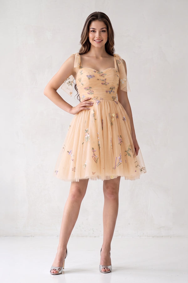Champagne A Line Sweetheart Tulle Floral Short Homecoming Dress - SHEISME