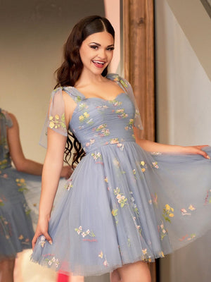 Duaty Blue A Line Sweetheart Tulle Floral Short Homecoming Dress - SHEISME