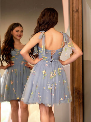 Duaty Blue A Line Sweetheart Tulle Floral Short Homecoming Dress - SHEISME