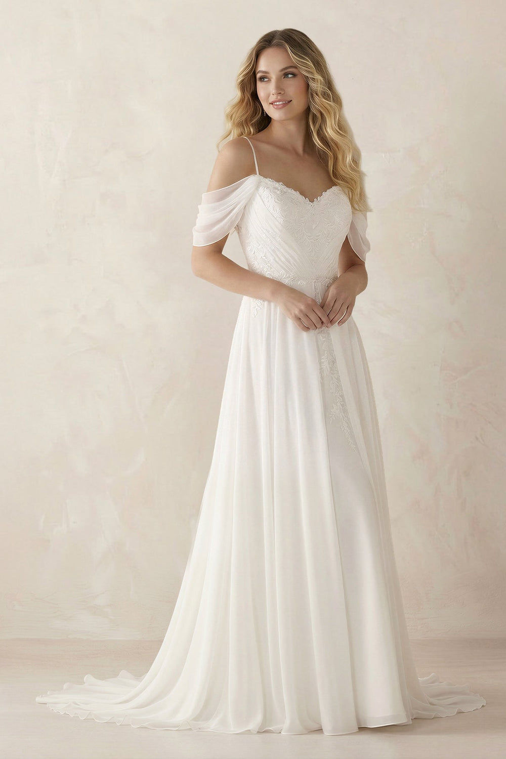 Cold Shoulder A - Line Chiffon Appliqued Wedding Dress in White - SHE IS ME Wedding Dresses