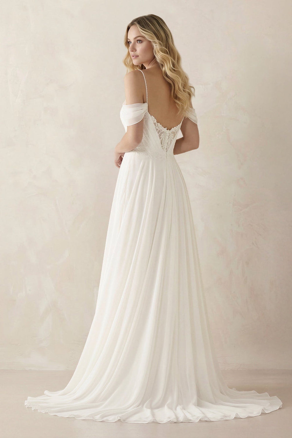 Cold Shoulder A - Line Chiffon Appliqued Wedding Dress in White - SHE IS ME Wedding Dresses
