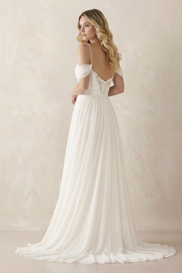 Cold Shoulder A - Line Chiffon Appliqued Wedding Dress in White - SHE IS ME Wedding Dresses