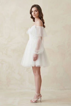 Cold - Shoulder A - Line Tulle Mini Wedding Dress With Sleeves in White - SHE IS ME Wedding Dresses