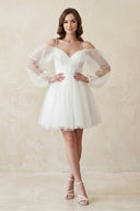 Cold - Shoulder A - Line Tulle Mini Wedding Dress With Sleeves in White - SHE IS ME Wedding Dresses