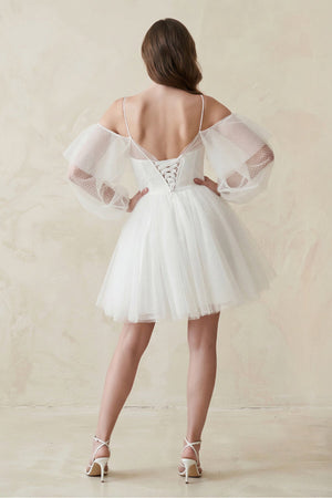 Cold - Shoulder A - Line Tulle Mini Wedding Dress With Sleeves in White - SHE IS ME Wedding Dresses