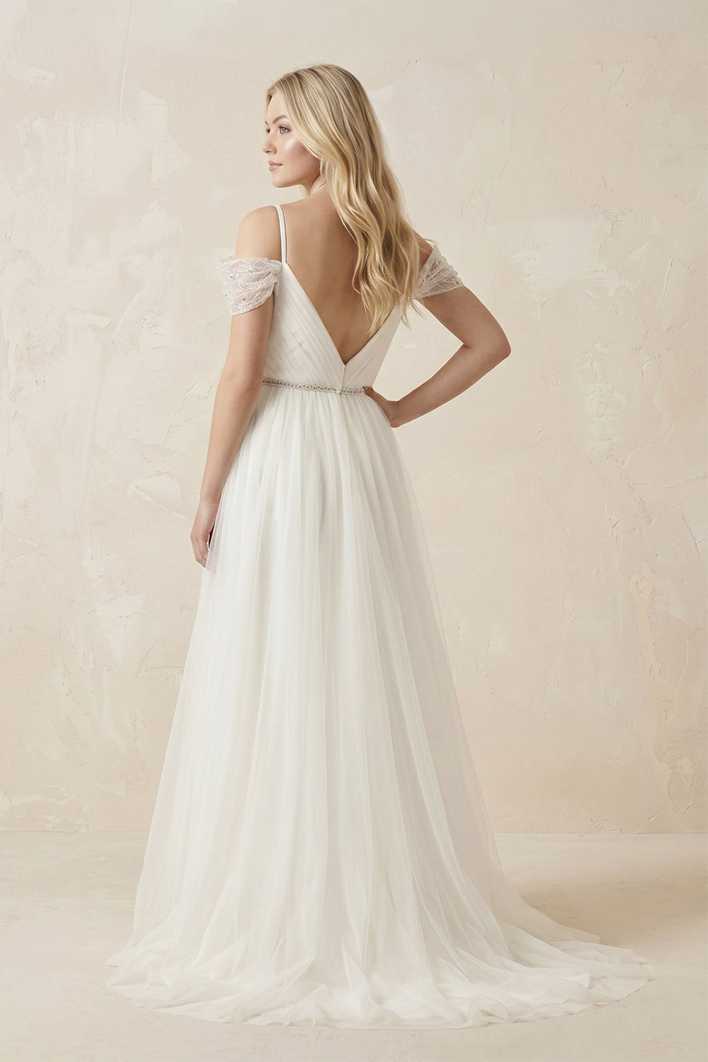 Cold Shoulder Tulle A - Line Ruched Wedding Dress in White - SHE IS ME Wedding Dresses