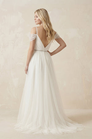 Cold Shoulder Tulle A - Line Ruched Wedding Dress in White - SHE IS ME Wedding Dresses