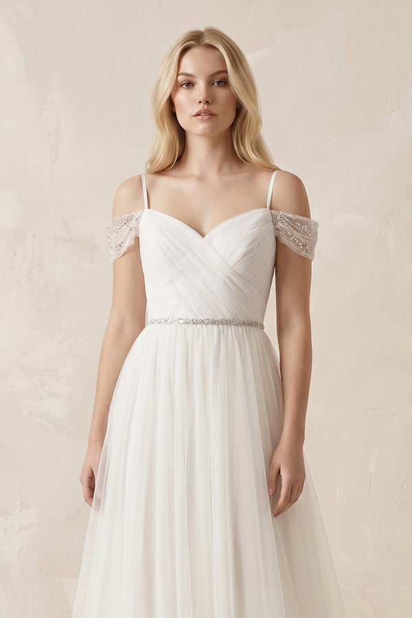 Cold Shoulder Tulle A - Line Ruched Wedding Dress in White - SHE IS ME Wedding Dresses