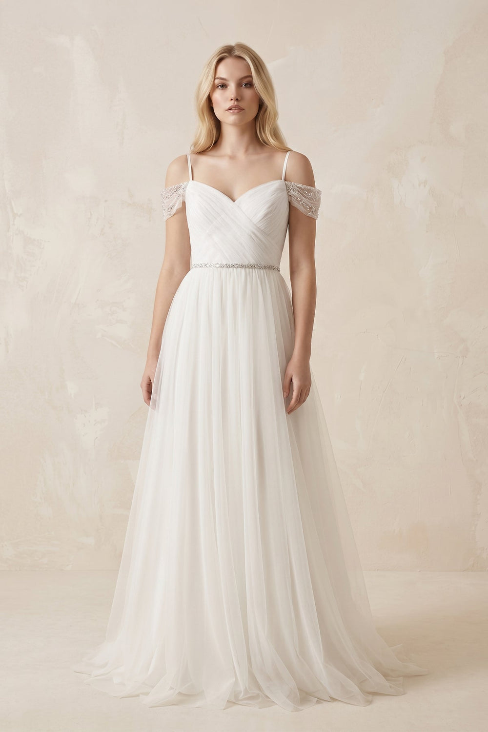Cold Shoulder Tulle A - Line Ruched Wedding Dress in White - SHE IS ME Wedding Dresses