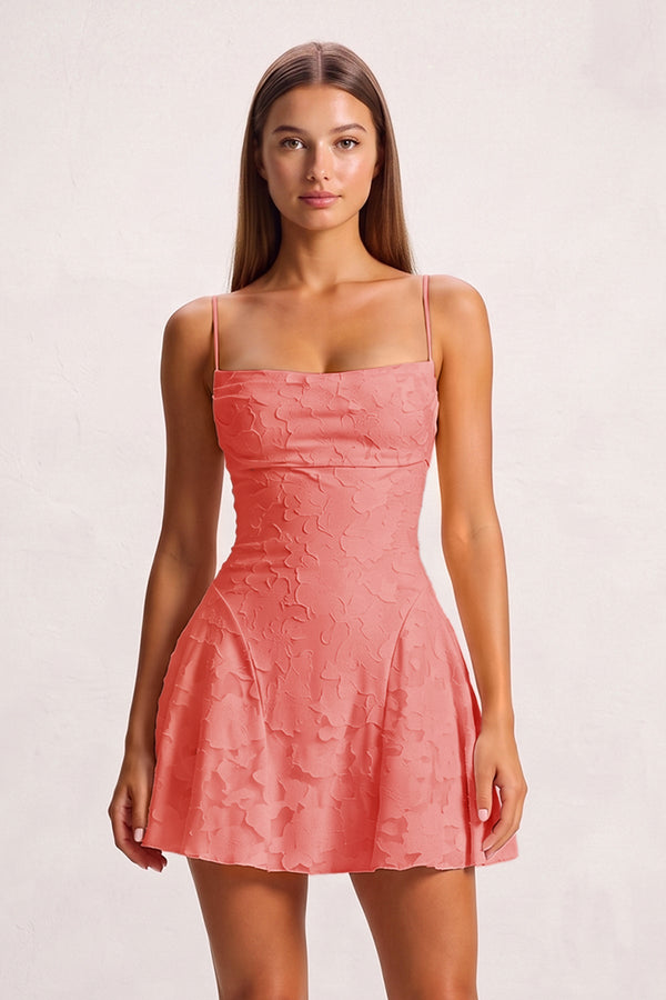 Coral Pink Spaghetti Straps Jacquard Chiffon A-Line Homecoming Dress (3) | SHEISME